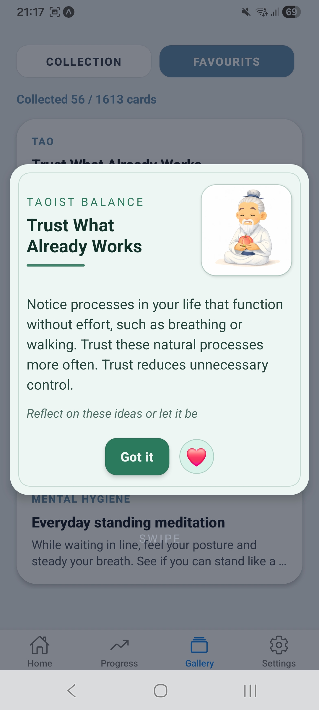 FlourishDeck gallery screen showing a Taoist balance card